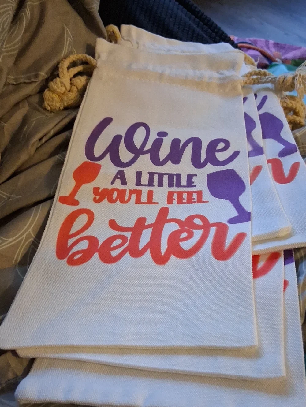 Canvas Wine Gift Bag - 'Wine A Little' Print in Purple & Orange